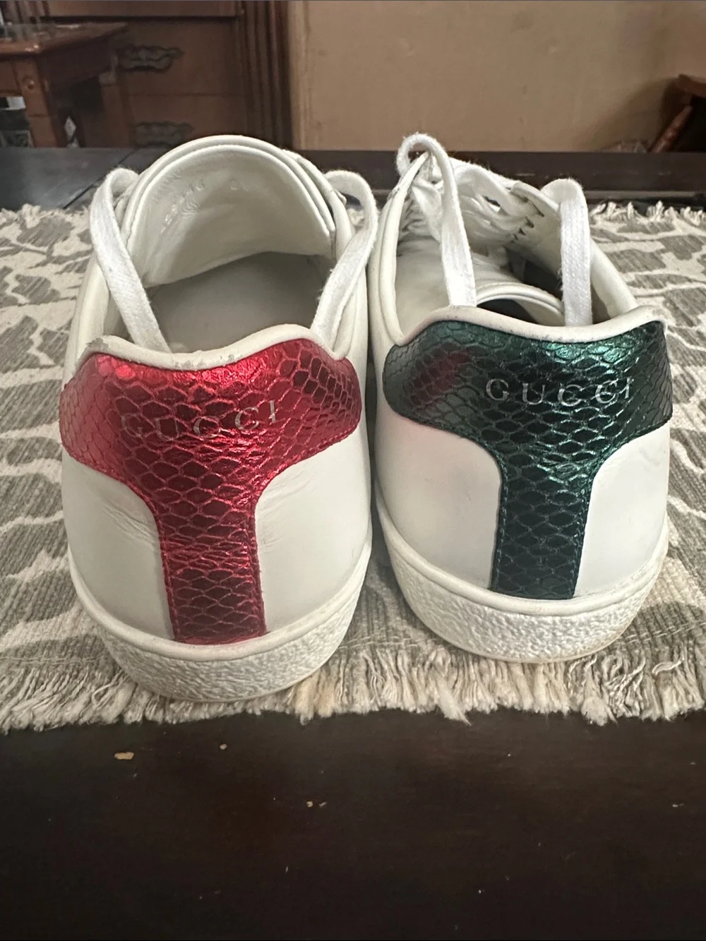 Gucci White Leather Sneakers with Green & Red Web and Gold Bee